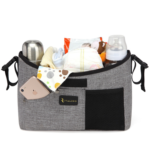 Baby Stroller Organizer Universal with Two Insulated Cup Holders and Detachable Shoulder Strap-Grey